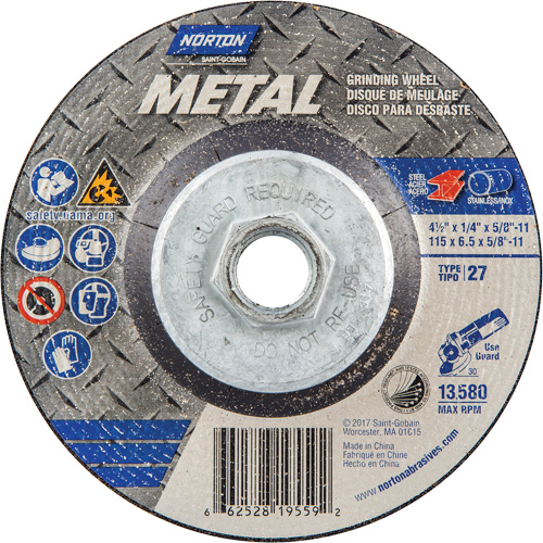 Meule pour le m&eacute;tal, 4-1/2" x 1/4", Arbre 5/8"-11, Oxyde d'aluminium, Type 27 Par Equipment