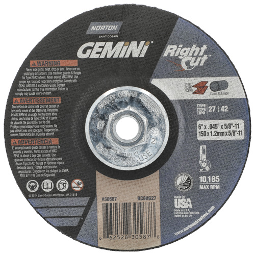 Gemini RightCut Right Angle Cut-Off Wheel, 6" x 0.045", 5/8"-11 Arbor, Type 27/42, Aluminum Oxide, 10185 RPM Par Equipment