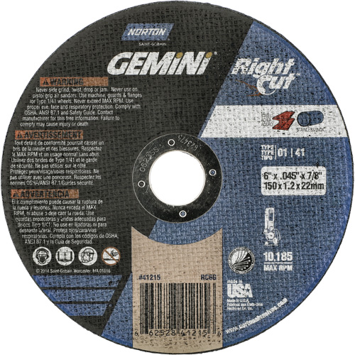 Meule &agrave; tronçonner pour coupe &agrave; angle droit RightCut Gemini, 6" x 0,045", Arbre de 7/8", Type 01/41, Oxyde d'aluminium, 10185 Tr/min Par Equipment