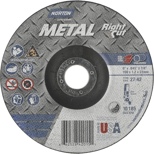 Metal RightCut Right Angle Cut-Off Wheel, 6" x 0.045", 7/8" Arbor, Type 27/42, Aluminum Oxide, 10190 RPM Par Equipment