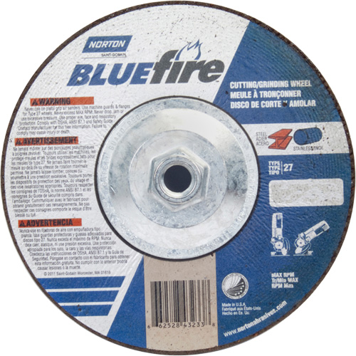 BlueFire Grinding & Cutting Wheel, 7" x 1/8", 5/8"-11 Arbor, Type 27, Zirconia Alumina Par Equipment