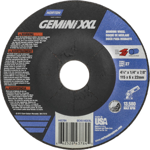 Meule XXL Gemini, 4-1/2" x 1/4", Arbre 7/8", Oxyde d'aluminium, Type 27 Par Equipment