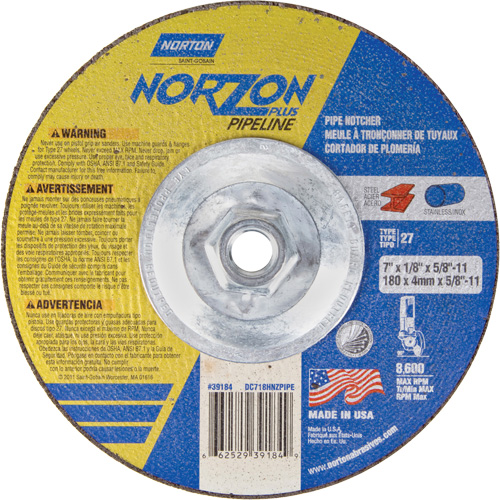 NorZon Plus SGZ Right Angle Cut-Off Wheel, 7" x 1/8", 5/8"-11 Arbor, Type 27/42, Ceramic Alumina, 8600 RPM Par Equipment