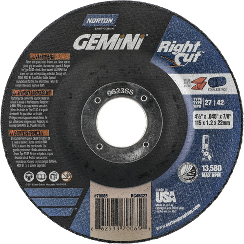 Gemini RightCut Right Angle Cut-Off Wheel, 4-1/2" x 0.045", 7/8" Arbor, Type 27/42, Aluminum Oxide, 13580 RPM Par Equipment