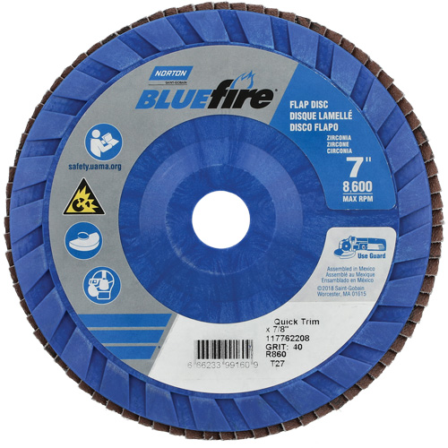 BlueFire Quick Trim Flap Disc, 7" x 7/8", Type 27, 40 Grit, Zirconia Alumina Par Equipment