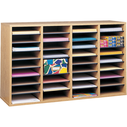 Adjustable Compartment Literature Organizer, Stationary, 36 Slots, Wood, 39-1/4" W x 11-3/4" D x 24" H Par Equipment