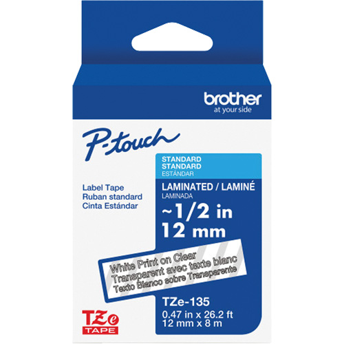 Ruban lamin&eacute; pour P-Touch, 12 mm x 8 m, Blanc sur transparent Par Equipment