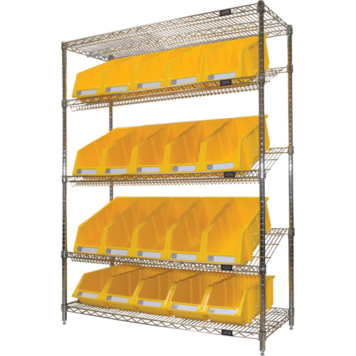 Slanted Wire Shelf with Bins, 5 Tiers, 48" W x 63" H x 18" D Par Equipment