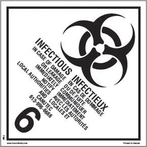 TDG Shipping Labels, Class 6.2, Infectious Substances, Vinyl Par Equipment
