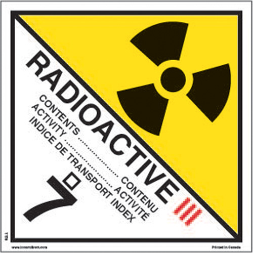 TDG Shipping Labels, Class 7, Radioactive III, Paper Par Equipment