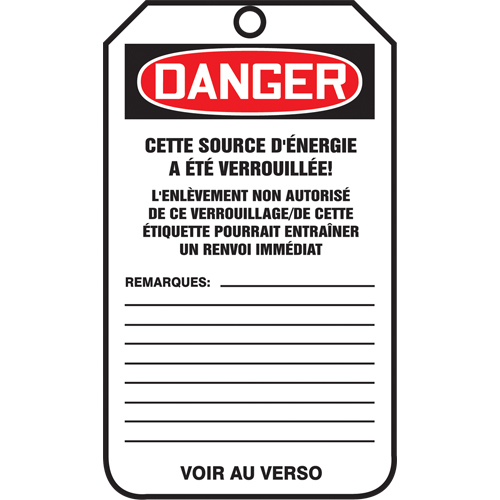 &eacute;tiquettes de s&eacute;curit&eacute; - Verrouillage, Papier cartonn&eacute;, 3-1/8" la x 5-7/8" h, Français Par Equipment