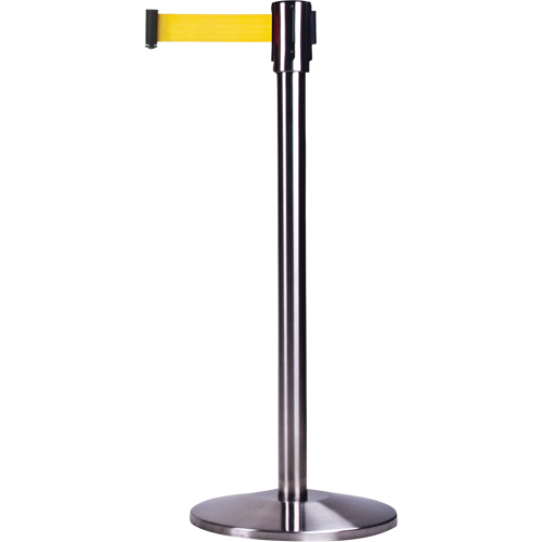 Barri&egrave;res sur pieds pour le contr&ocirc;le des foules, Acier, 35" h, Ruban Jaune, Longueur du ruban 12' Par Equipment