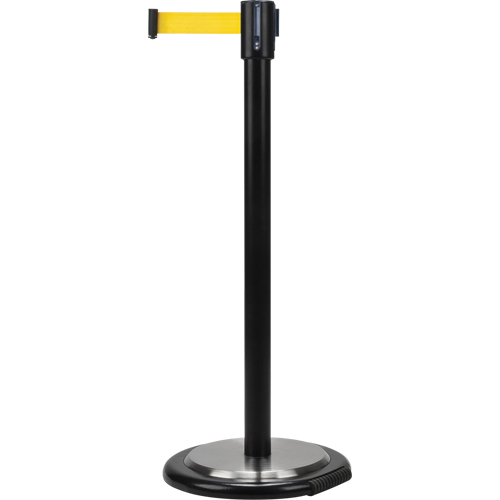 Barri&egrave;res sur pieds pour le contr&ocirc;le des foules, Acier, 35" h, Ruban Jaune, Longueur du ruban 12' Par Equipment