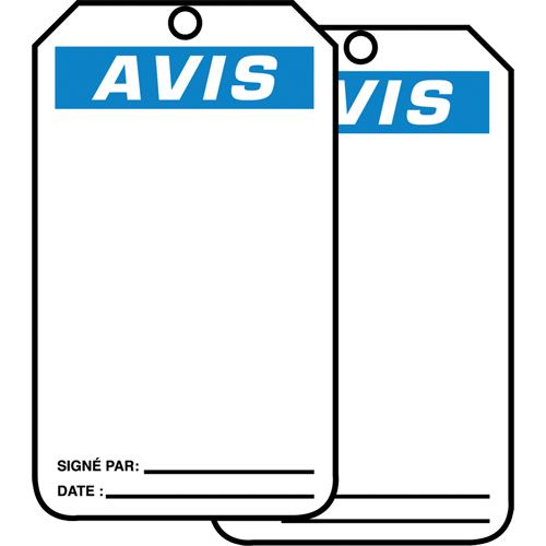 &eacute;tiquettes de s&eacute;curit&eacute; avec ent&ecirc;te vierge, Plastique, 3-1/8" la x 5-7/8" h, Français Par Equipment