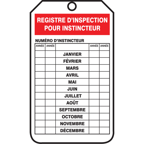 &eacute;tiquettes de s&eacute;curit&eacute; d'inspection et de contr&ocirc;le de l'&eacute;tat de l'&eacute;quipement, Papier cartonn&eacute;, 3-1/8" la x 5-7/8" h, Français Par Equipment
