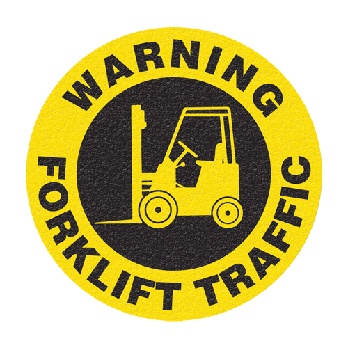 "Warning Forklift Traffic" Floor Sign, Adhesive, English with Pictogram Par Equipment