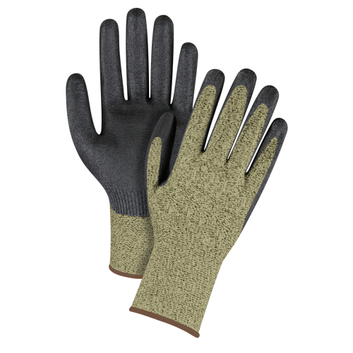 Gants &eacute;lastiques sans coutures r&eacute;sistants &agrave; la coupe noir & jaune, Taille Grand/9, Calibre 13, Rev&ecirc;tement Mousse de nitrile, Enveloppe en Aramide, ASTM ANSI niveau A6 Par Equipment
