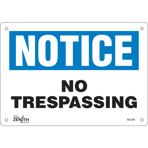 Enseigne No Trespassing, 7" x 10", Plastique, Anglais Par Equipment