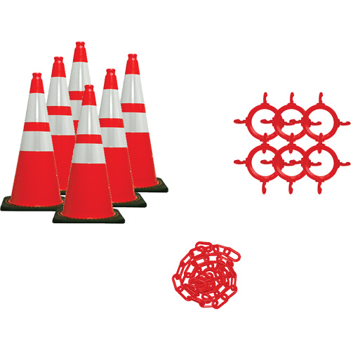 Ensemble de c&ocirc;nes de signalisation et chaînes, 28", Orange, Bande(s) r&eacute;fl&eacute;chissante(s) 4" & 6" Par Equipment