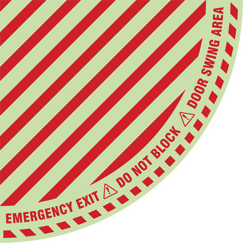 "Emergency Exit" Quarter Circle Swing Door Floor Sign, Adhesive, English with Pictogram Par Equipment