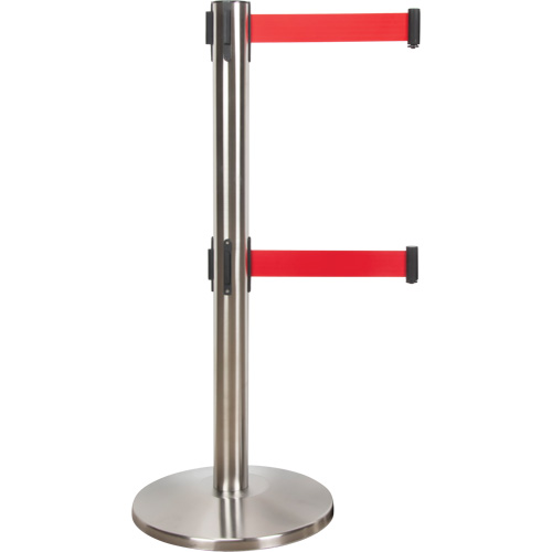 Barri&egrave;re pour le contr&ocirc;le des foules &agrave; courroie double, Acier, 35" h, Ruban Rouge, Longueur du ruban 7' Par Equipment