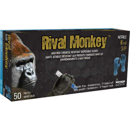 Gants jetables r&eacute;sistants aux produits chimiques &agrave; haut risque Rival Monkey, Moyen, Nitrile, 8 mils, Sans poudre, Bleu Par Equipment