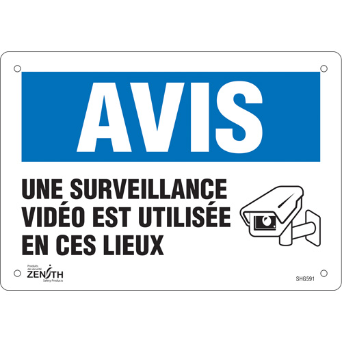 "Surveillance vid&eacute;o" Sign, 7" x 10", Plastic, French with Pictogram Par Equipment