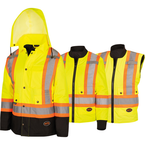 5021BBW Manteau 7 en 1 imperm&eacute;able pour femmes avec capuchon, Polyester/Polyur&eacute;thane, Jaune lime haute visibilit&eacute;, T-petit Par Equipment