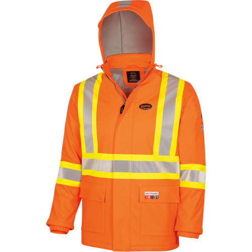 5884 Manteau imperm&eacute;able ignifuge et r&eacute;sistant aux arcs &eacute;lectriques avec capuchon Flash-Gard, Petit, Orange haute visibilit&eacute;, 51 cal/cm² Par Equipment