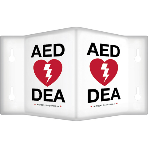 Enseigne &agrave; projection sur 90°  AED/ DEA , 6" x 5", Plastique, Bilingue avec pictogramme Par Equipment