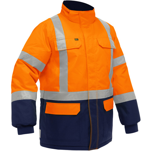 Manteau pour le froid extr&ecirc;me avec bas bleu marin et X au dos Bisley, Polyester, Orange haute visibilit&eacute;, 4T-Grand Par Equipment