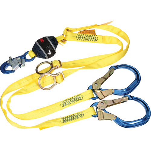 Twin-Leg Tie-Back Web Shock-Absorbing Lanyard, 6', Rebar Hook Center, Snap Hook Leg Ends, Polyester Par Equipment