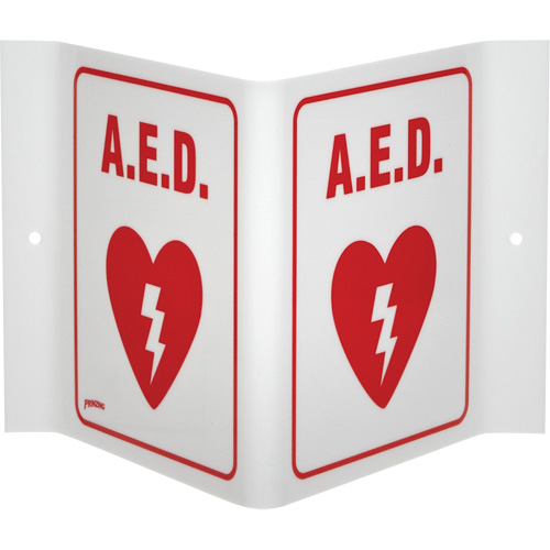 Enseigne "A.E.D." en V, 6" x 9", Acrylique, Anglais avec pictogramme Par Equipment