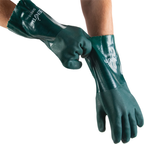 Double Dipped Green Gloves, 14" L, PVC, Cotton Jersey Inner Lining, 70-mil Par Equipment