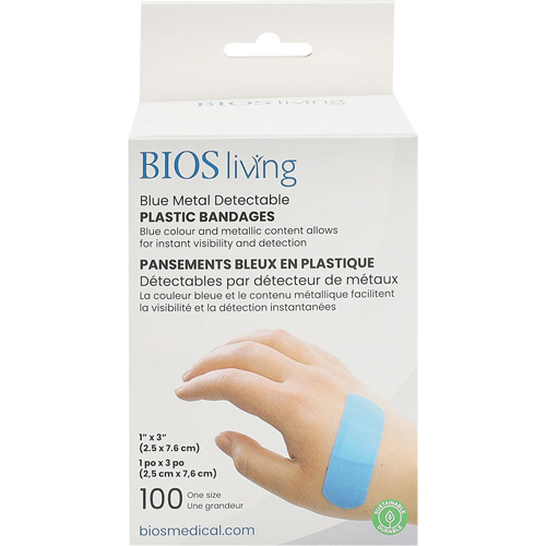 Blue Water-Resistant Bandages, Rectangular/Square, 3", Plastic Metal Detectable, Sterile Par Equipment