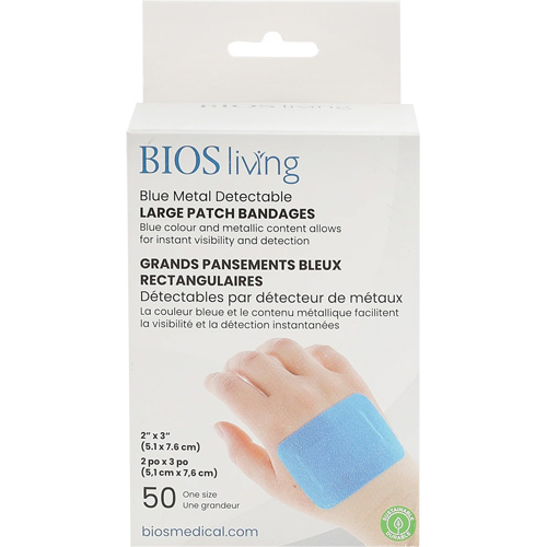 Blue Large Patch Bandages, Rectangular/Square, 3", Fabric Metal Detectable, Sterile Par Equipment