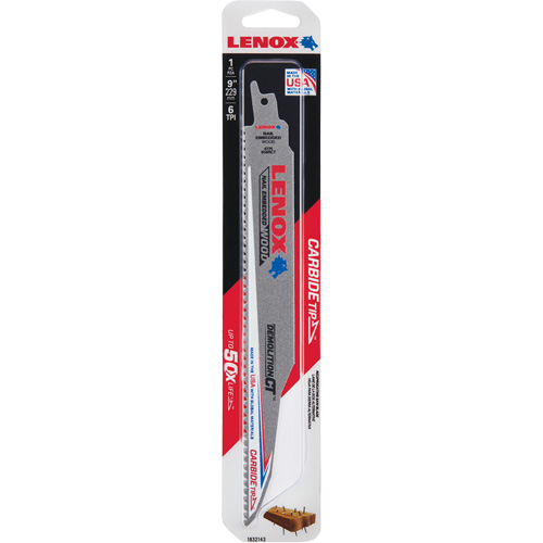 Lame de scie alternative pour d&eacute;molitions, Carbure, 6 Dents par pouce, 9" lo x 1" la Par Equipment