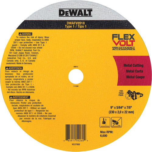 Meule de tronçonnage des m&eacute;taux FlexVolt, 9-1/16" x 0,078", Arbre 22,23 mm, C&eacute;ramique, Type 1 Par Equipment