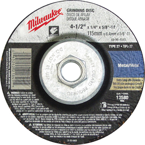 Grinding Wheel, 4-1/2" x 1/8", 5/8"-11 Arbor, Aluminum Oxide, Type 27 Par Equipment