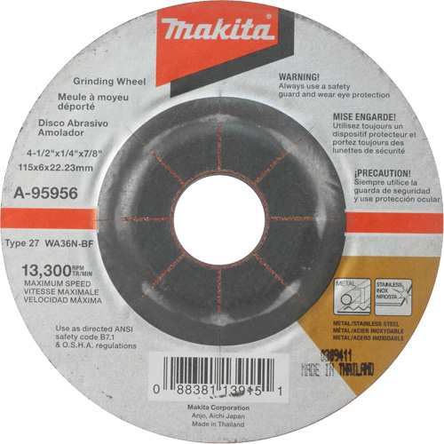 Meule inox, 4-1/2" x 1/4", Arbre 7/8", Oxyde d'aluminium, Type 27 Par Equipment