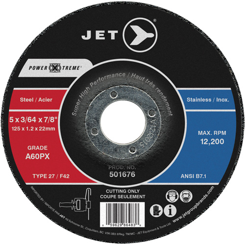 A60PX Power-Xtreme Cut-Off Wheel, 5" x 3/64", 7/8" Arbor, Type 27, 12200 RPM Par Equipment