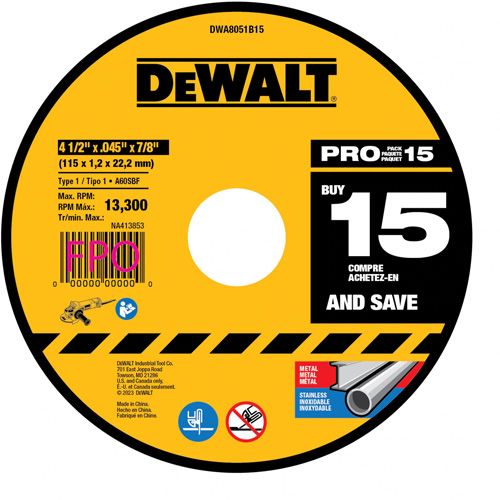 Metal Cutting Wheel for Angle Grinders, 4-1/2" x 0.045", 7/8" Arbor, Type 1, Aluminum Oxide Par Equipment