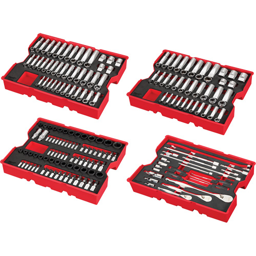 Jeu de cliquets et douilles m&eacute;triques et SAE avec organisateur PACKOUT &agrave; profil bas, 242 Mcx, Chocs, Prise de 1/4"/3/8"/1/2", Profond Par Equipment