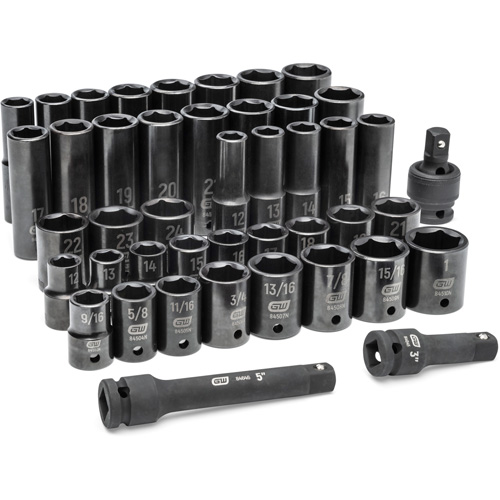 6 Point SAE/Metric Socket Set, 44 Pcs, Impact, 1/2" Drive Size, Deep Par Equipment
