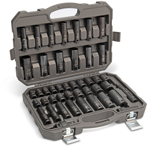6 Point SAE/Metric Socket Set, 44 Pcs, Impact, 1/2" Drive Size, Deep Par Equipment