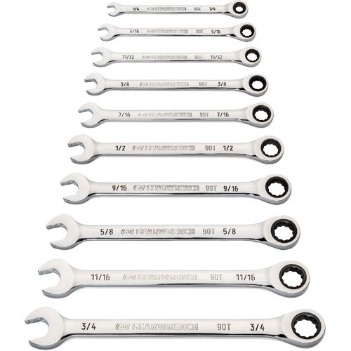 90-Tooth 12-Point Wrench Set, Ratcheting Combination, 10 Pieces, Imperial Par Equipment