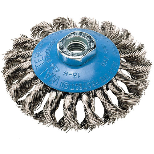 Knot-Twisted Saucer Cup Wire Wheel, 7" Dia., 0.02" Fill, 5/8"-11 Arbor, Aluminum/Stainless Steel Par Equipment