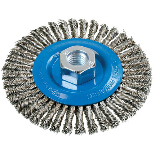 Stringer Bead Knotted Wire Brush, 4-1/2" Dia., 0.02" Fill, 5/8"-11 Arbor, Aluminum/Stainless Steel Par Equipment