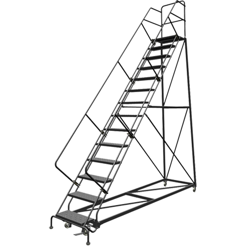 Safety Slope Rolling Ladder, 14 Steps, Perforated, 50° Incline, 140" High Par Equipment