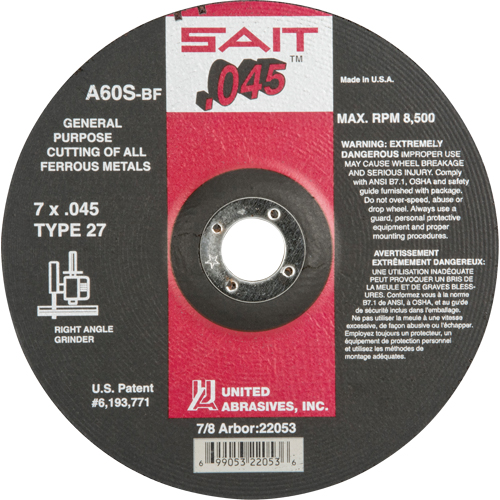 Depressed Center Cut-Off Wheel, 7" x 0.045", 7/8" Arbor, Type 27, Aluminum Oxide, 8500 RPM Par Equipment